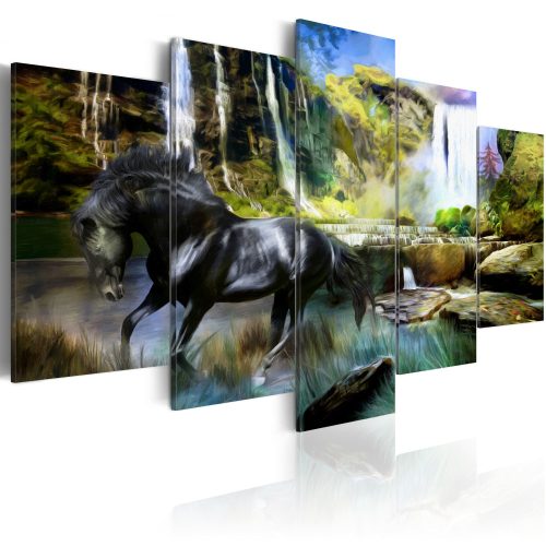 Kép - Black horse on the background of paradise waterfall - ajandekpont.hu